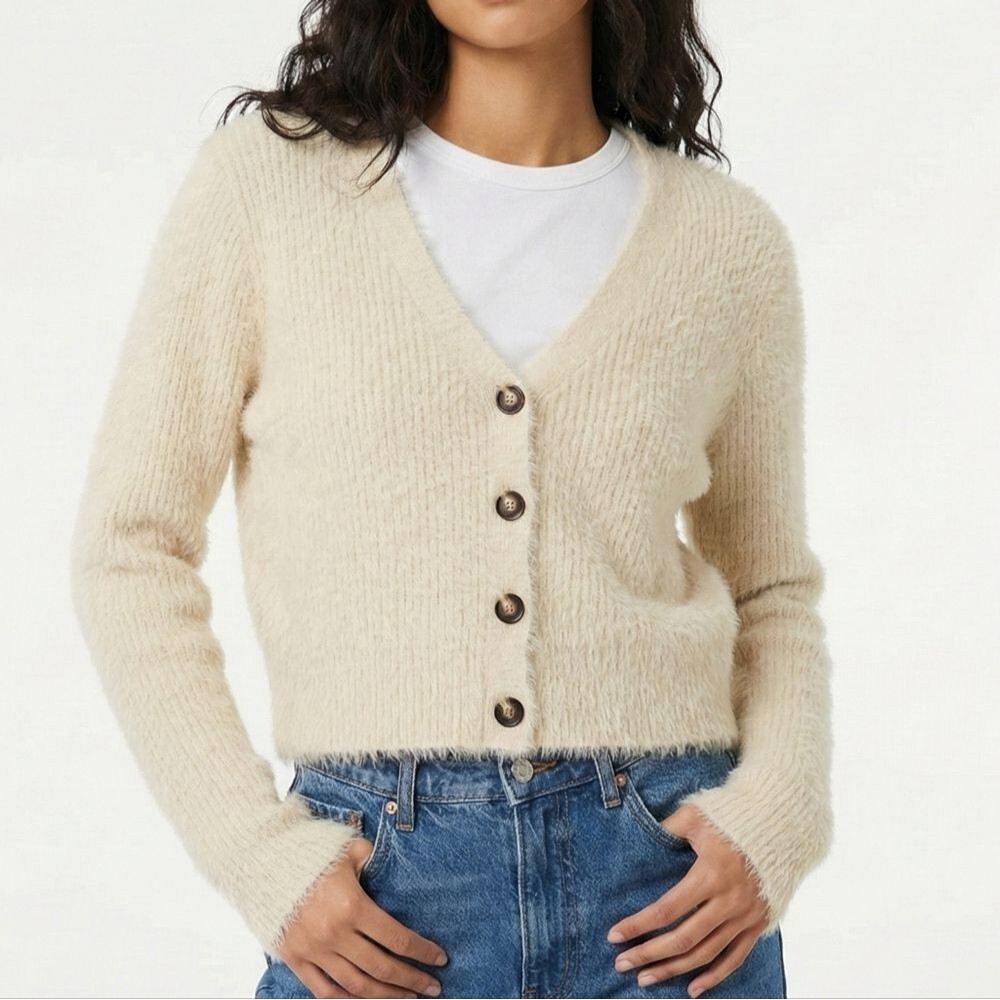 Altar'd State Cream Eyelash Knit button Up Cardigan L Fuzzy Cropped Balletcore